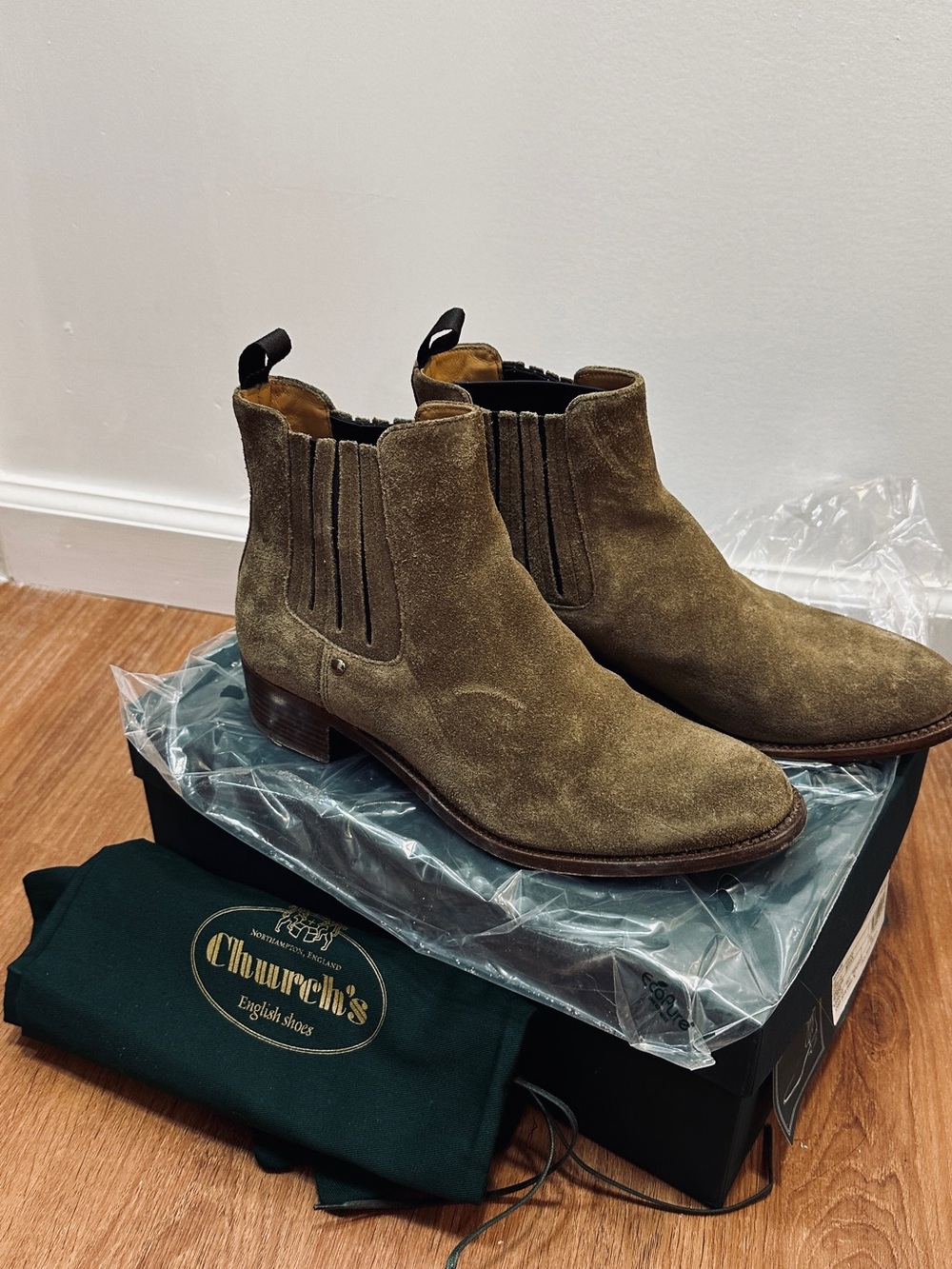 Church's Suede Chelsea Boots in Olive Brown, Sz 38.5